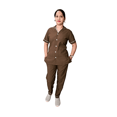 Nurse Uniform Female |Pant Shirt |Brown Round Collar Shirt. Bottom Strip Pant | Premium