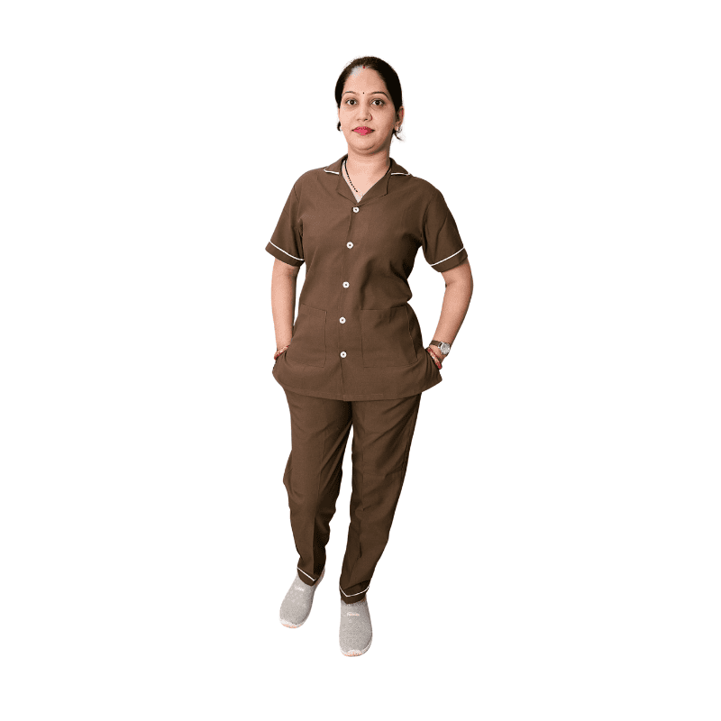 Nurse Uniform Female |Pant Shirt |Brown Round Collar Shirt. Bottom Strip Pant | Premium