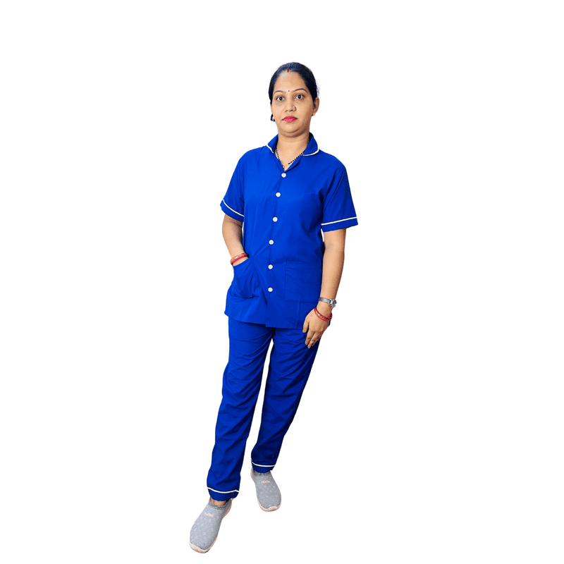 Nurse Uniform Stand Collar Shirt, Pant Female Blue