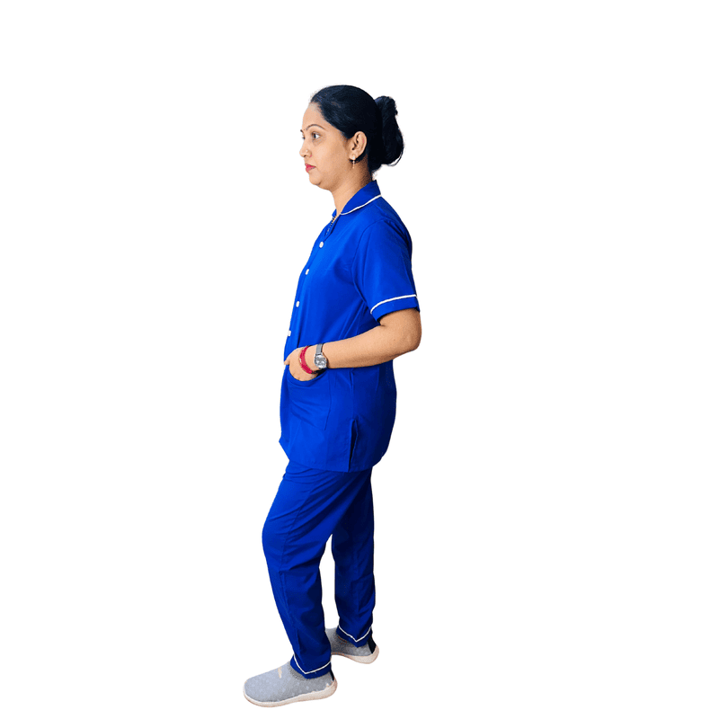 Nurse Uniform Stand Collar Shirt, Pant Female Blue