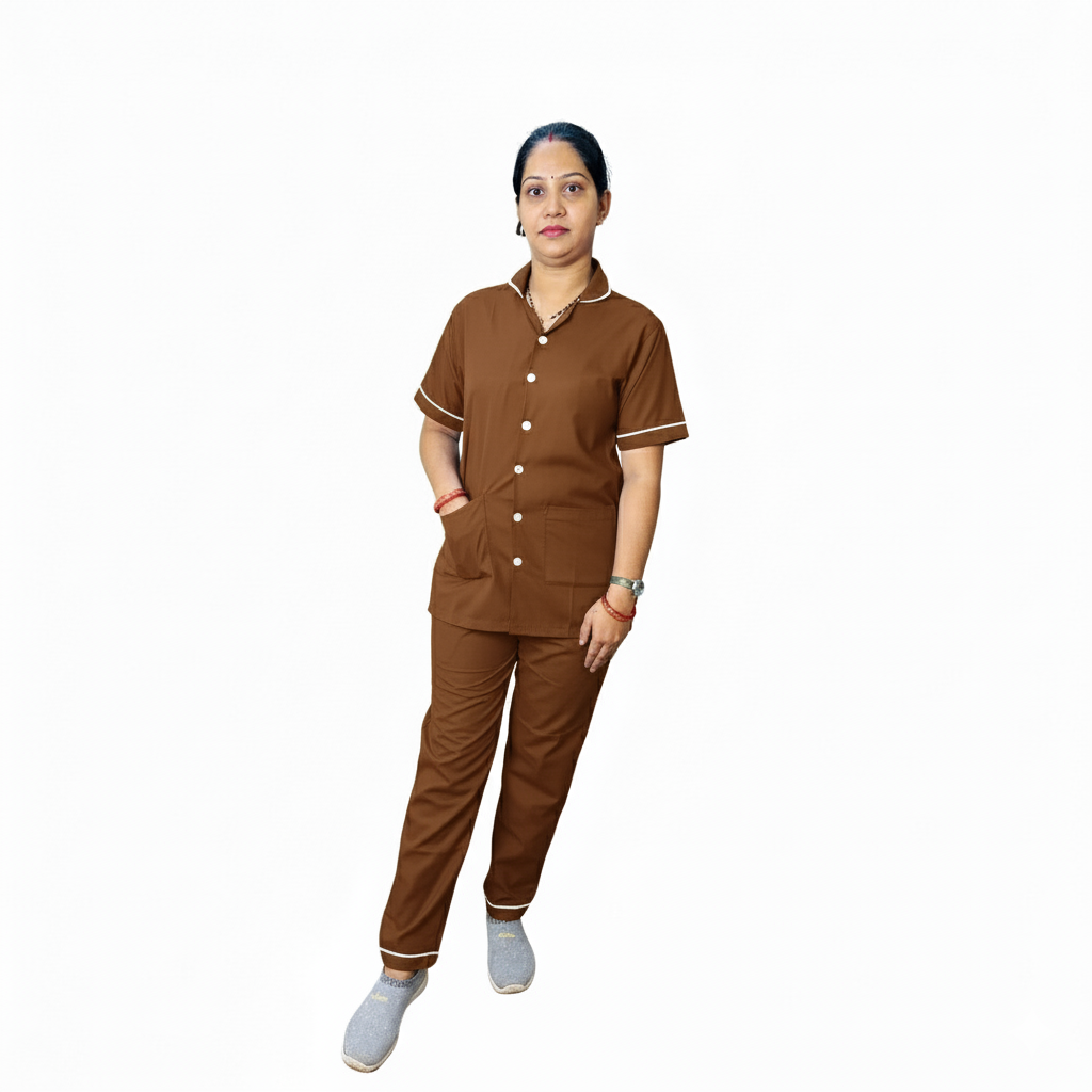 Nurse Uniform Stand Collar Shirt, Pant Female Brown
