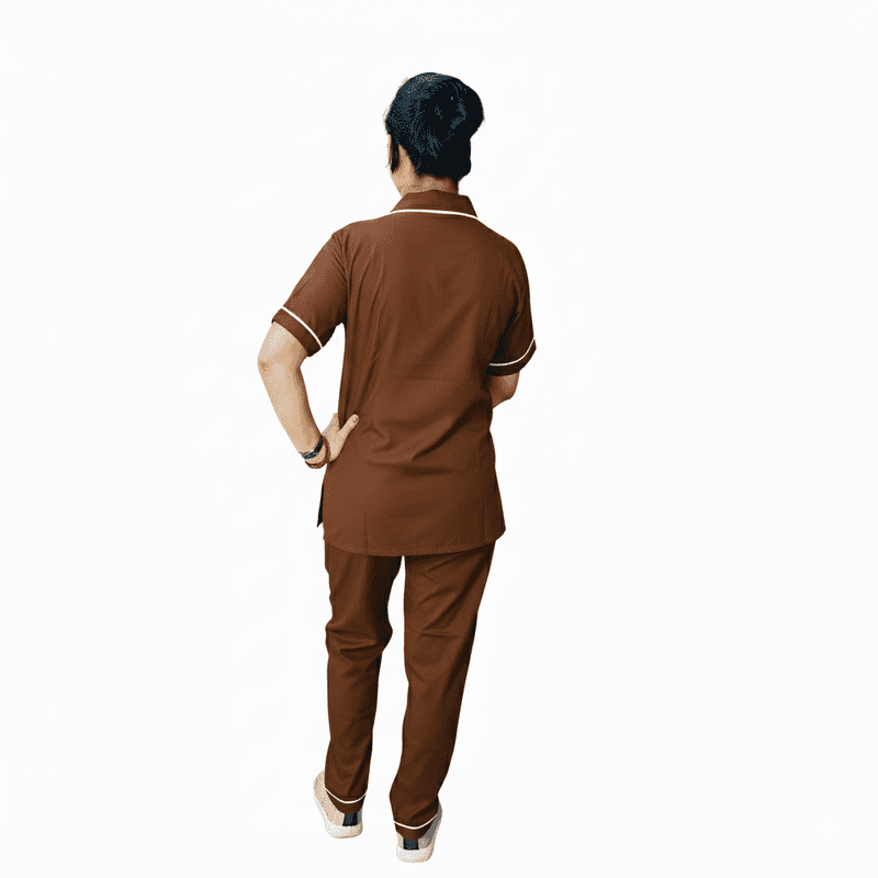 Nurse Uniform Stand Collar Shirt, Pant Female Brown