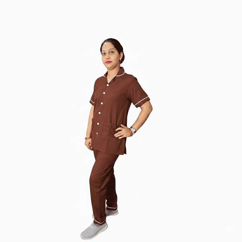 Nurse Uniform Stand Collar Shirt, Pant Female Brown