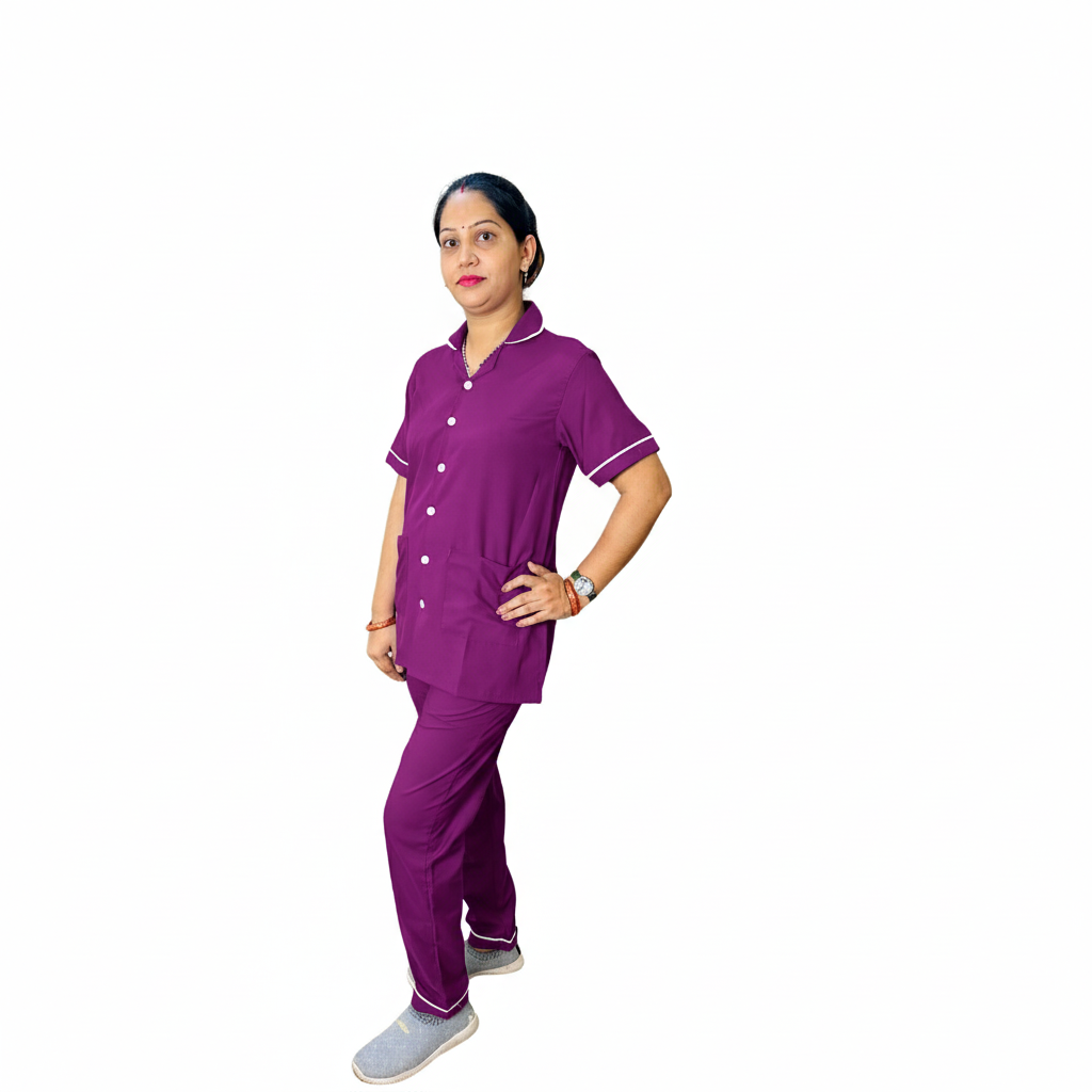 Nurse Uniform Stand Collar Shirt, Pant Female Purple