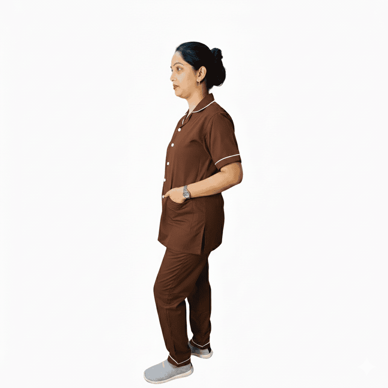 Nurse Uniform Stand Collar Shirt, Pant Female Brown