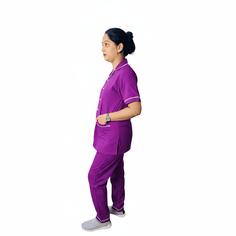 Nurse Uniform Stand Collar Shirt, Pant Female Purple