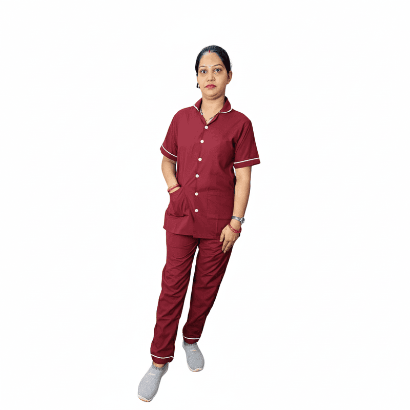 Nurse Uniform Stand Collar Shirt, Pant Female Marron