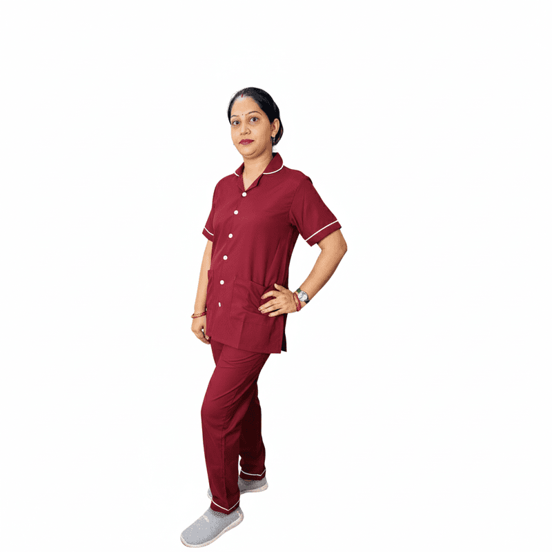Nurse Uniform Stand Collar Shirt, Pant Female Marron